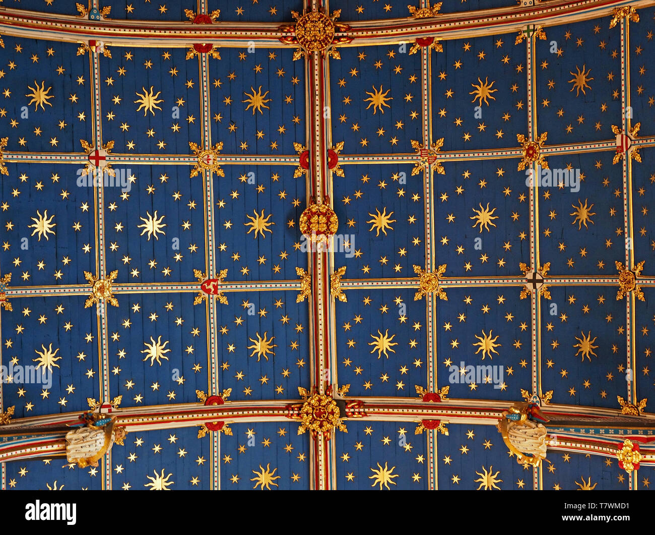 Vue aérienne détaillée du plafond voûté bleu décoré de soleil et d'étoiles au-dessus de la nef de la cathédrale de Carlisle, Cumbria, Angleterre Banque D'Images