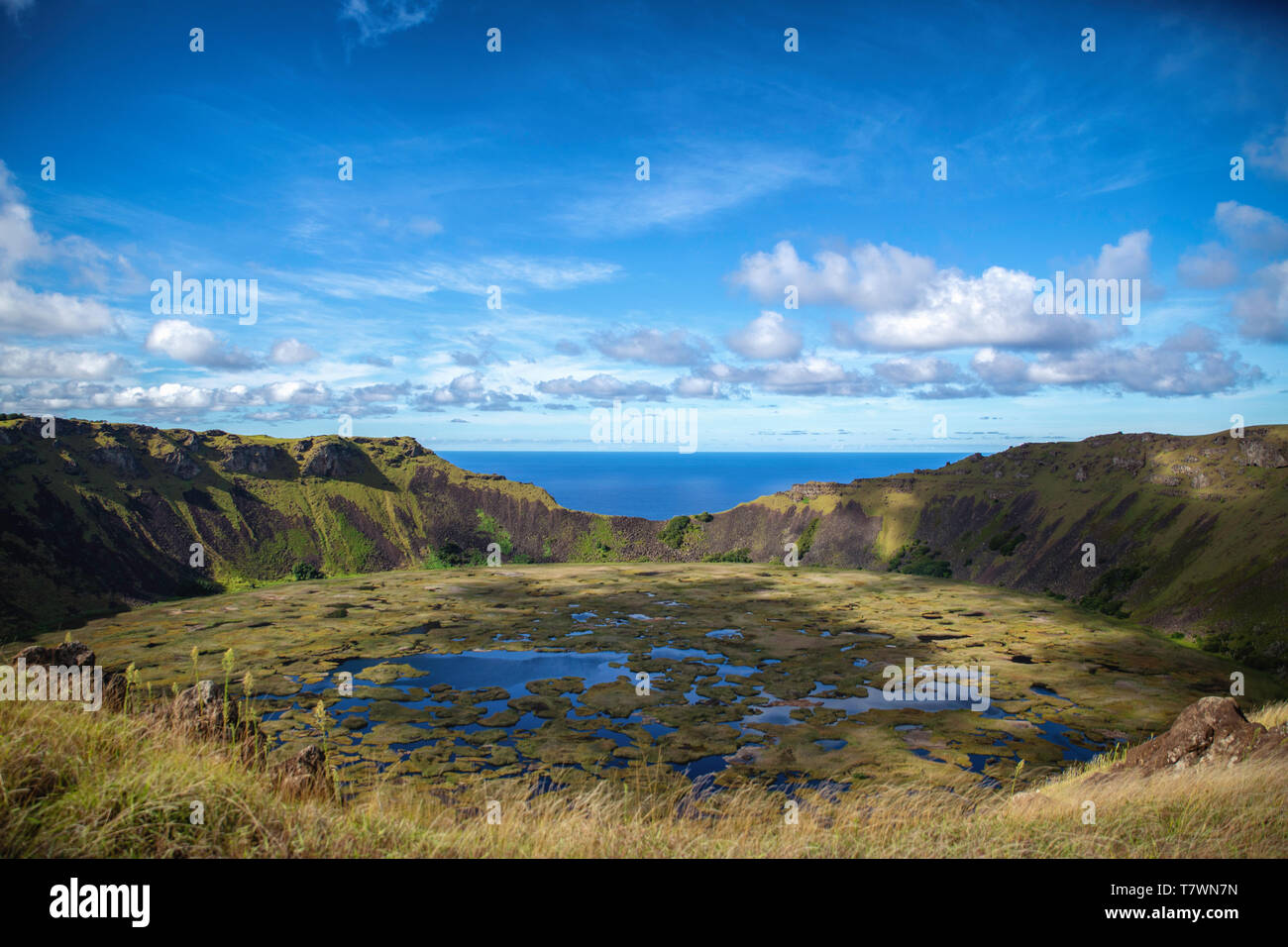 Rano Kau caldeira, Rapa Nui Banque D'Images