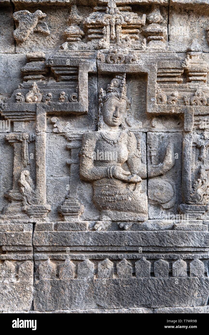 L'Indonésie, Java, temple de Borobudur. Temple bouddhiste classé au patrimoine mondial de l'UNESCO,Bas-reliefs Banque D'Images
