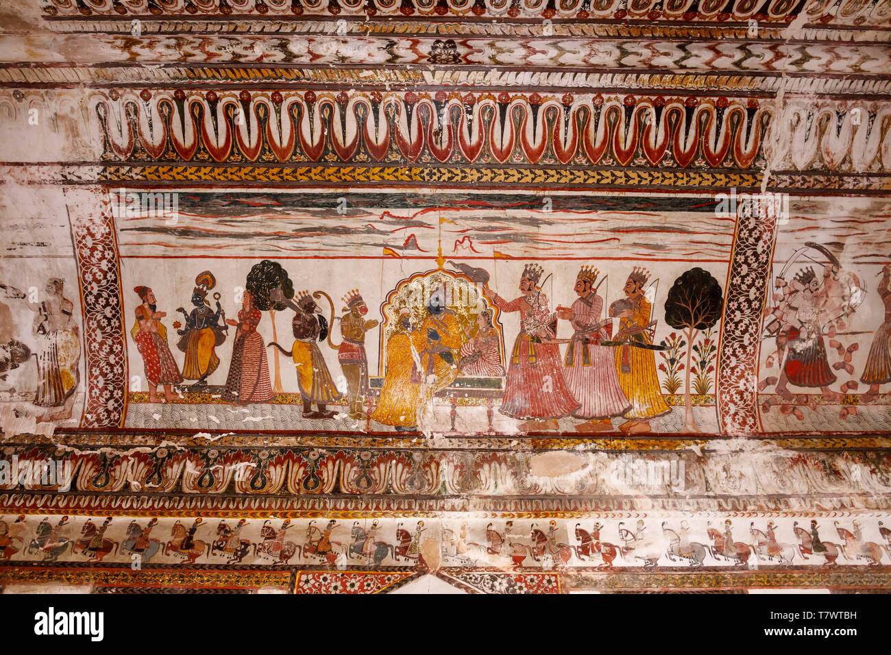 L'Inde, le Madhya Pradesh, Orchha, Raja Mahal Palace peinture murale Banque D'Images