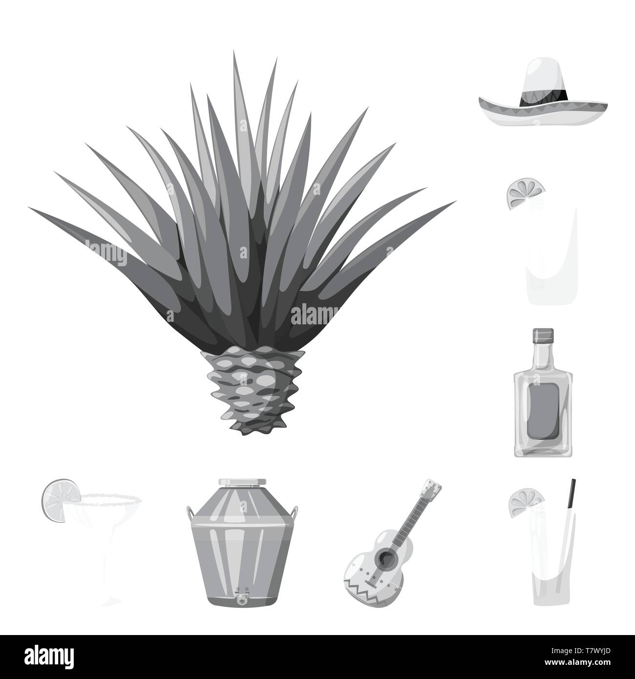 Agave sombrero,cocktail,bouteille,guitare,distillerie,usine,mexicain,verre,alcool,processus,ornement,forêt,verre,voyages,vacances,whisky,liquide,tilleul,succulentes,gin,Bar,musique,capacité d'alcool,bleu,coiffure,coupe,,fajita,fiesta,party,fête,cafe,Latin,carnaval,national,Mexique,tequila,set,icône,,illustration,collection,isolé,design,graphisme,élément signe,gris,noir,vecteurs vecteur , Illustration de Vecteur