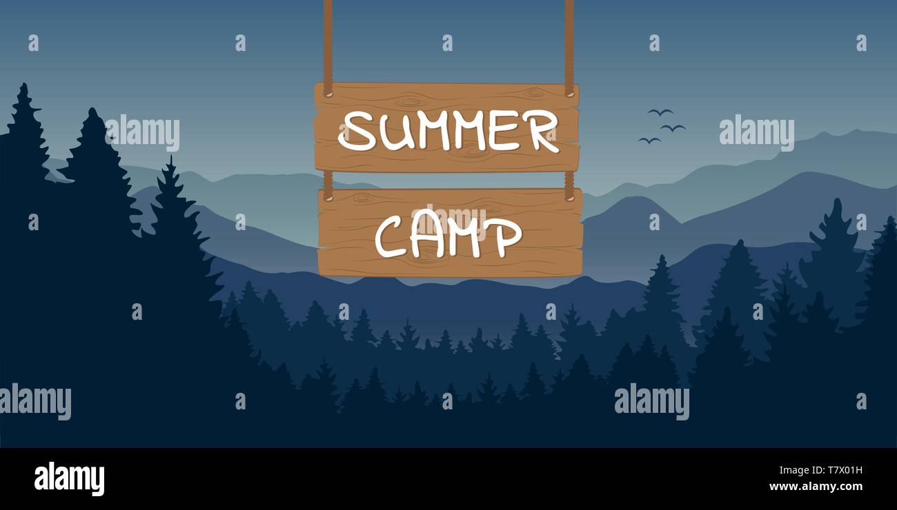 Panneau en bois avec summer camp typographie à blue mountain et paysage forêt illustration vecteur EPS10 Illustration de Vecteur