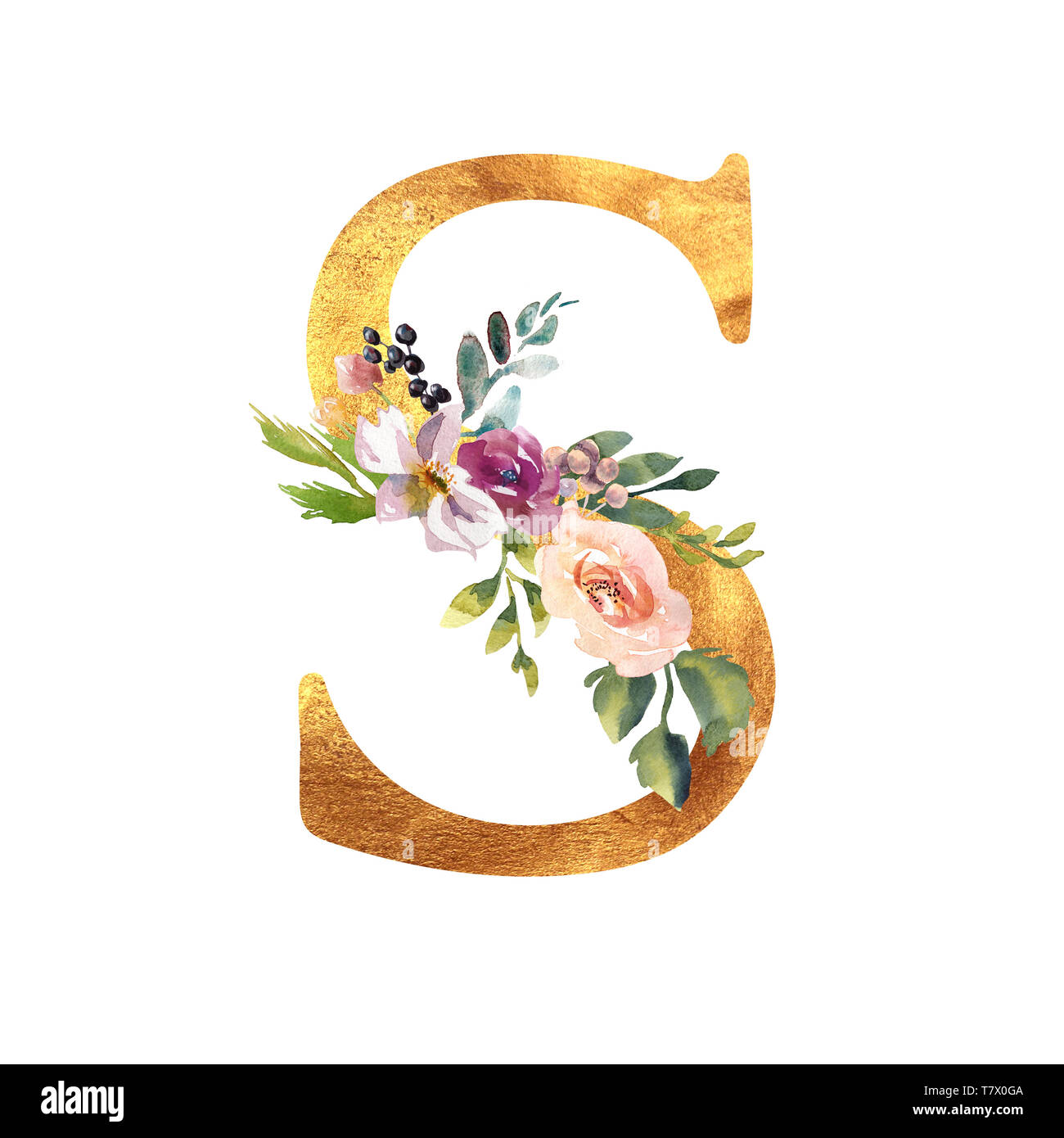 Or une lettre romantique avec fleurs Aquarelle dessiné. Emblème élégant pour la conception de livres, nom de marque, d'invitation de mariage carte de remerciements. Banque D'Images