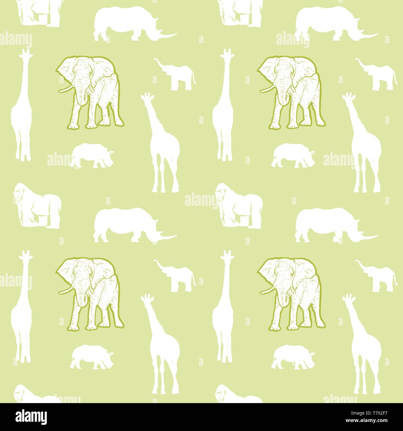 Vert clair transparent Animaux de safari. Bien conçu silhouettes dessinées à la main pour modèle d'impression du dessin textile. Illustration de Vecteur