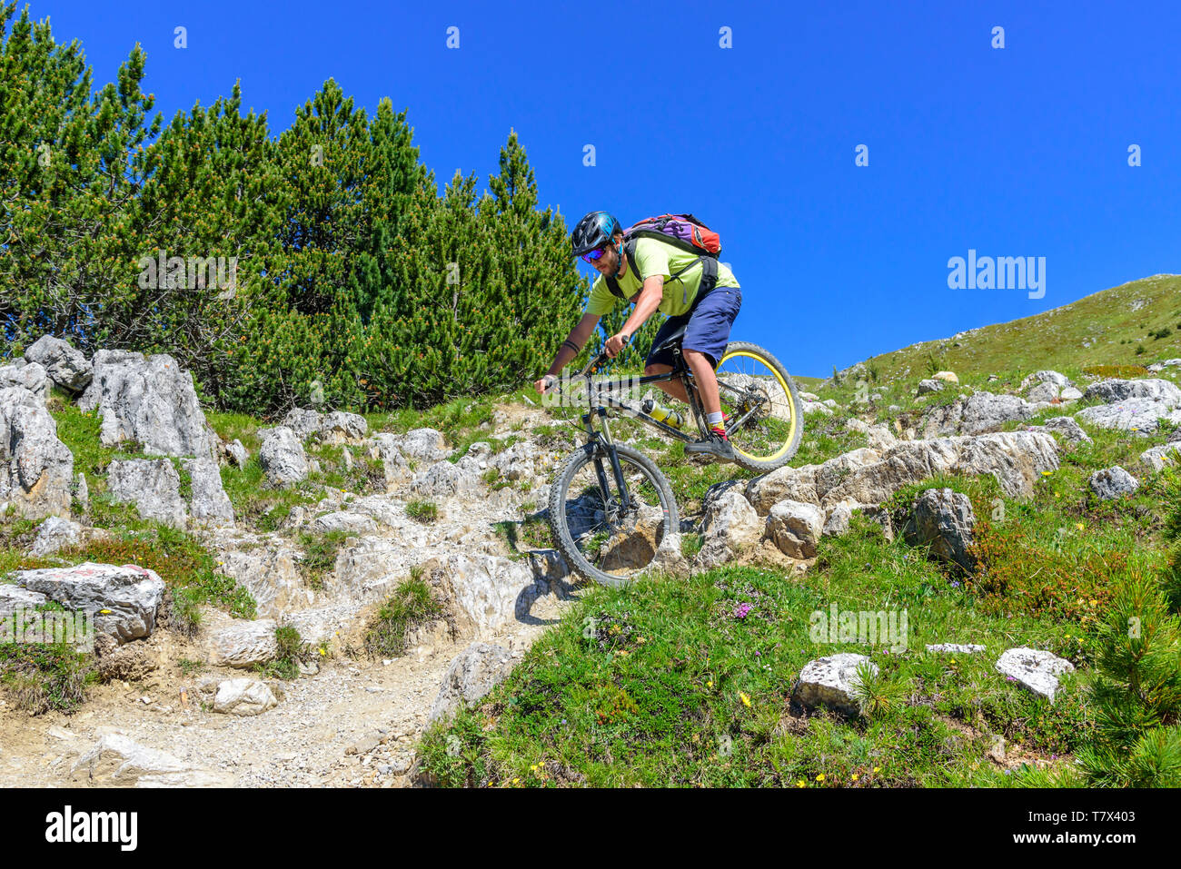 Mountainbiker sur descente difficile en haute montagne et en terrain rocheux Banque D'Images