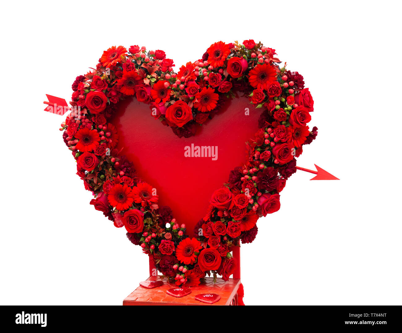 Coeur de fleurs rouges sur fond blanc Banque D'Images