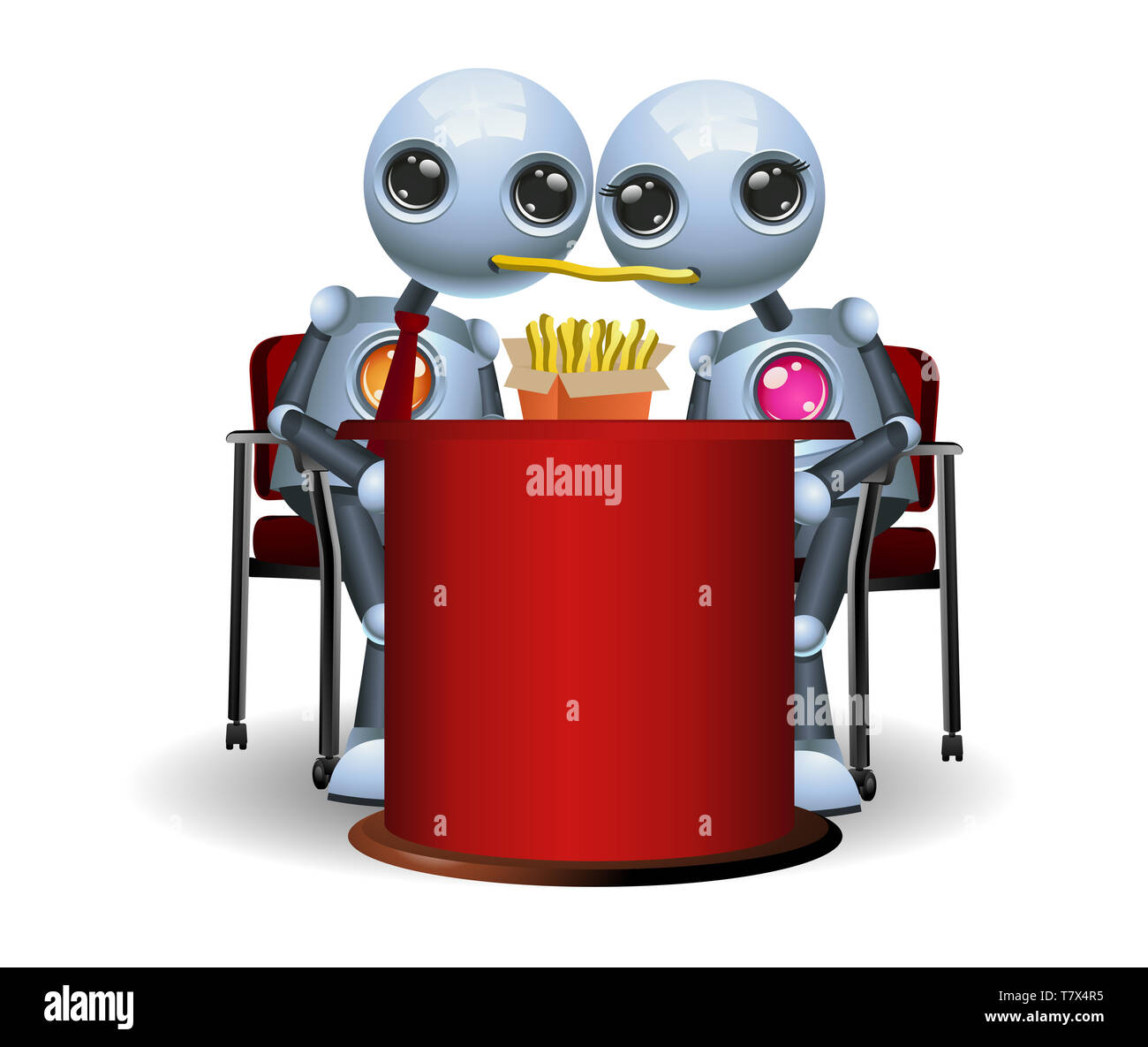 Illustration d'un petit robot en couple eating french fries on dîner romantique sur fond blanc isolé Banque D'Images