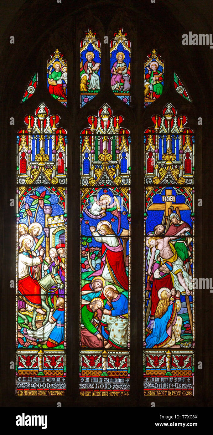 Vitrail de l'église Holy Trinity, Long Melford, Suffolk, Angleterre, RU par William Wailes circa 1861 Banque D'Images