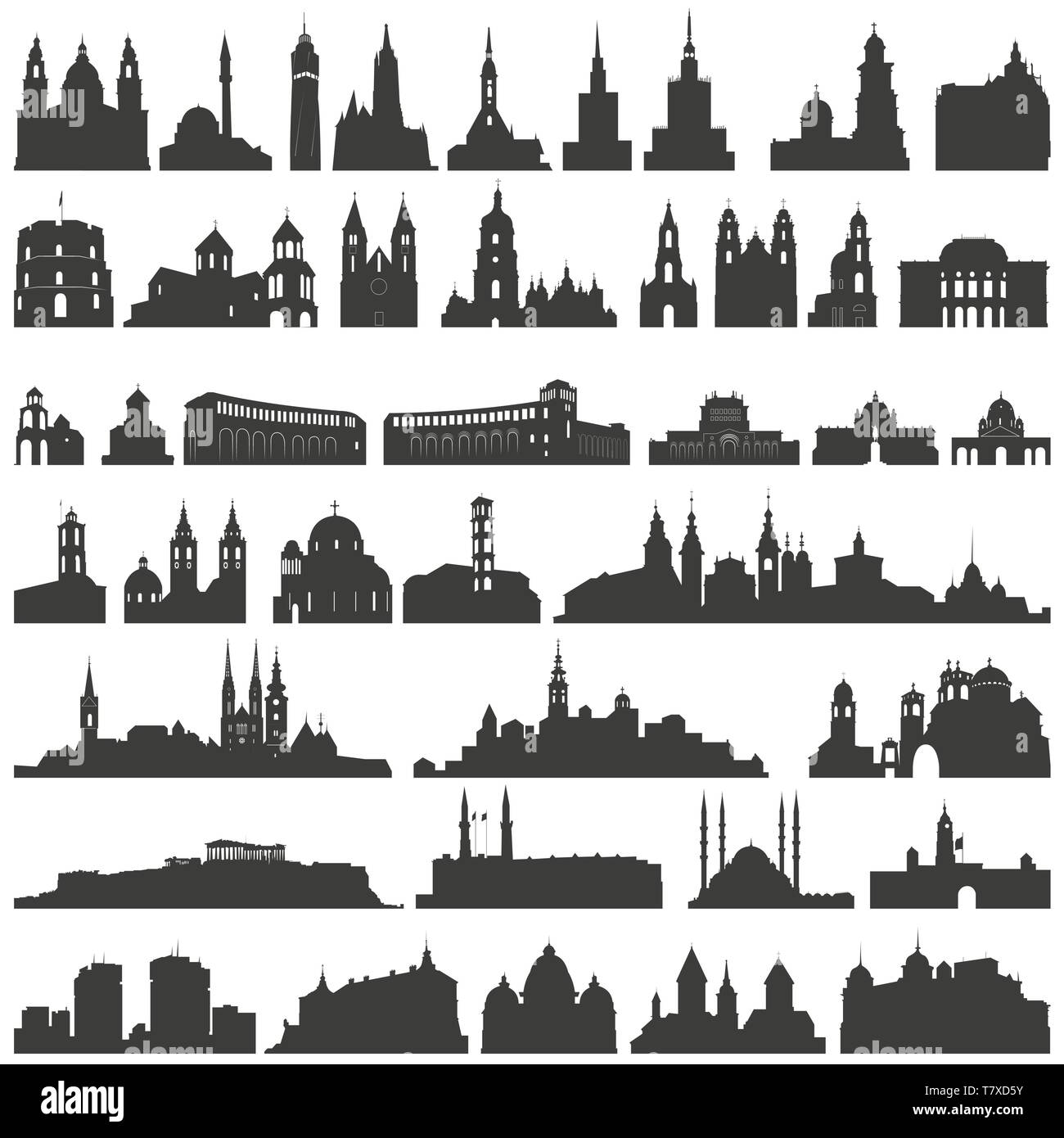 Vector collection of isolated palais, temples, églises, cathédrales, châteaux, mairies, édifices, bâtiments anciens et d'autres avancées monume Illustration de Vecteur