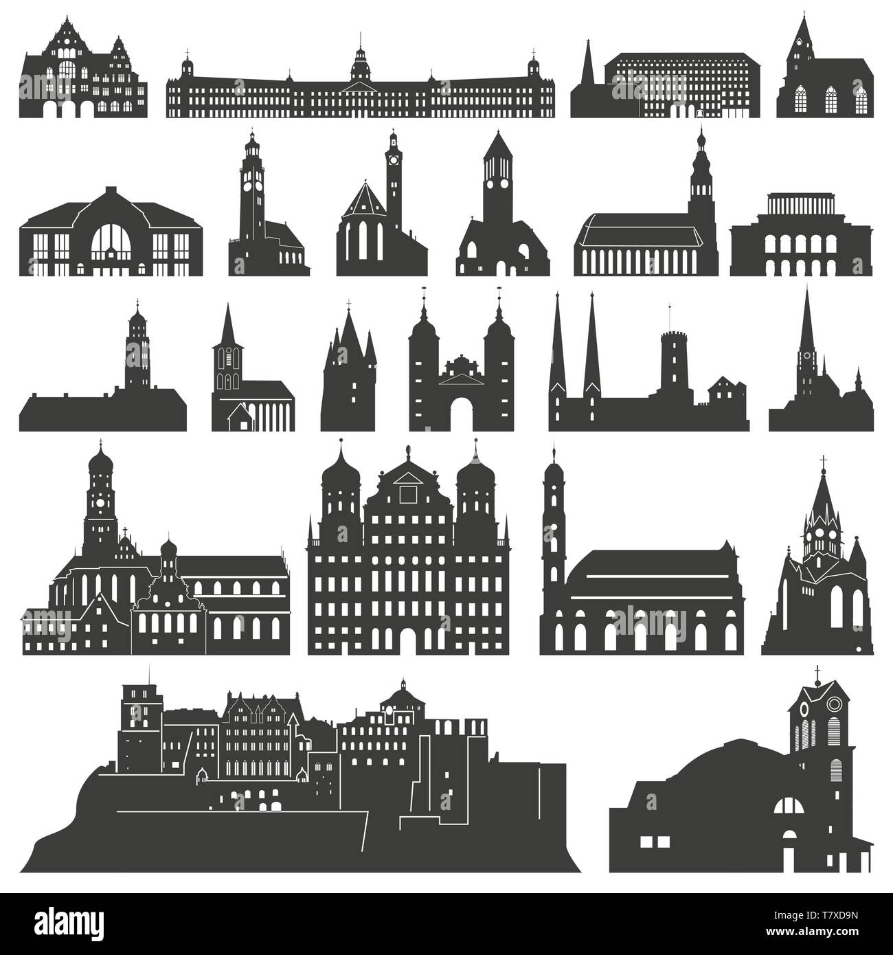 Vector collection of isolated palais, temples, églises, cathédrales, châteaux, mairies, édifices, bâtiments anciens et d'autres avancées monume Illustration de Vecteur