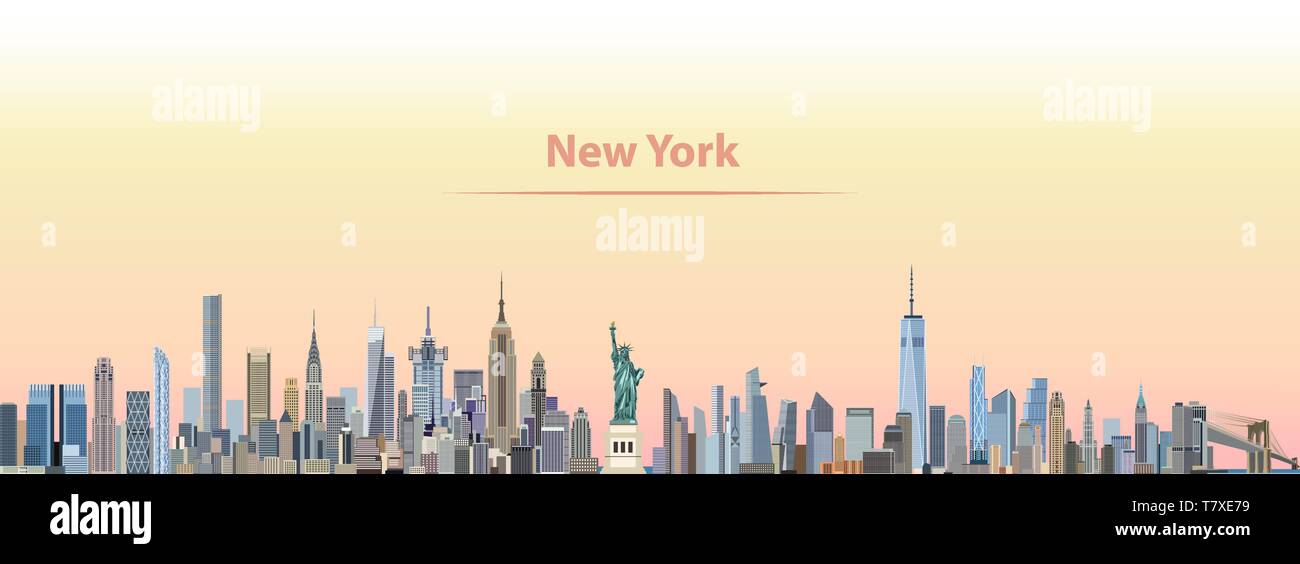 Vector illustration of New York city skyline on gradient coloré belle journée fond ciel avec pavillon de l'United States Illustration de Vecteur