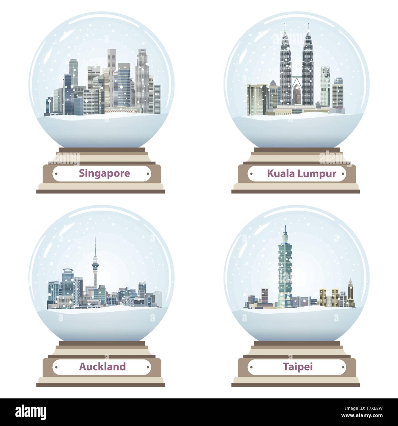 Vector collection de boules à neige avec Singapour, Kuala Lumpur, Auckland et d'horizon de la ville de Taipei Illustration de Vecteur