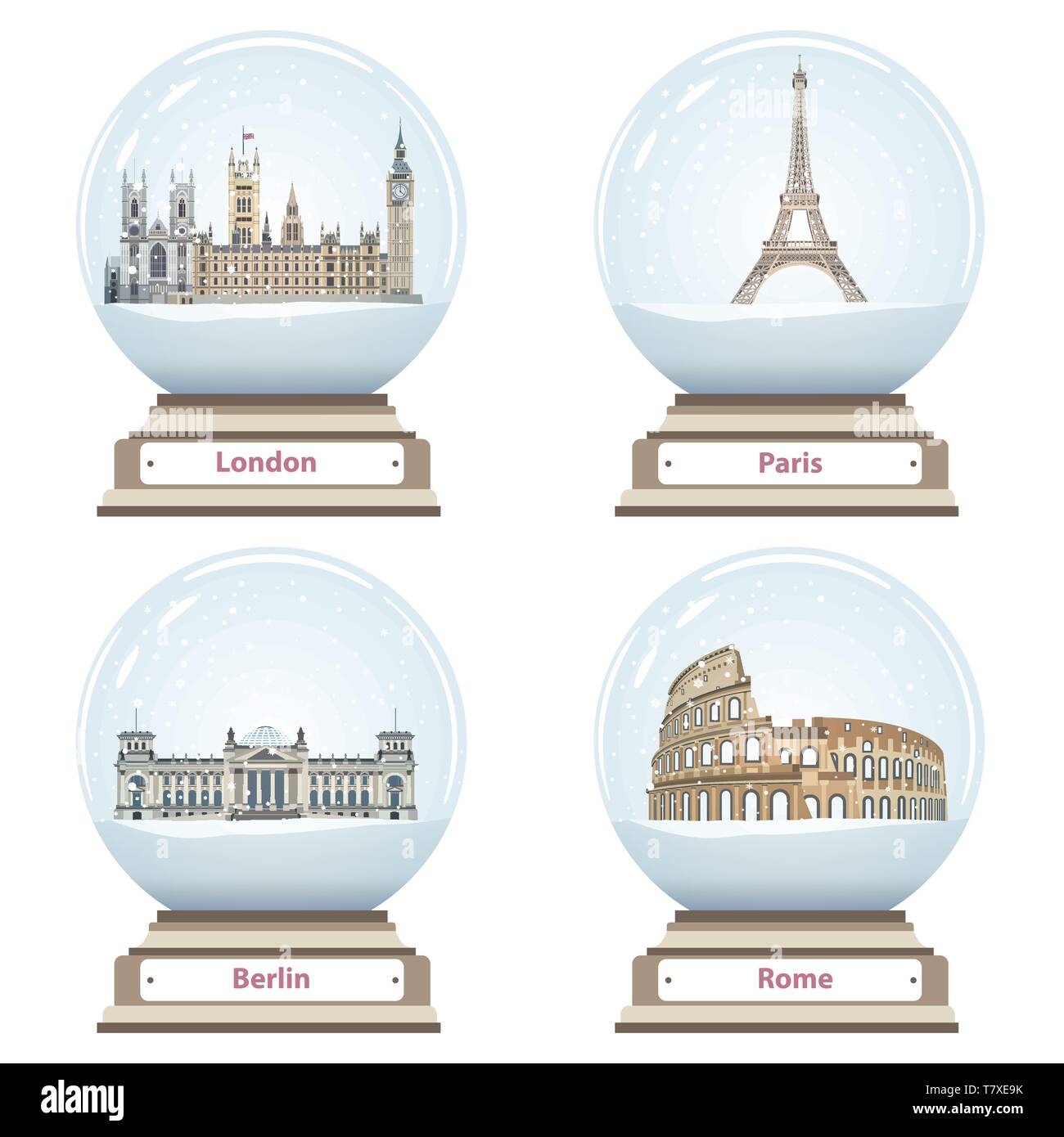 Vector snow globes avec Londres, Paris, Berlin et Rome à l'intérieur de repères Illustration de Vecteur