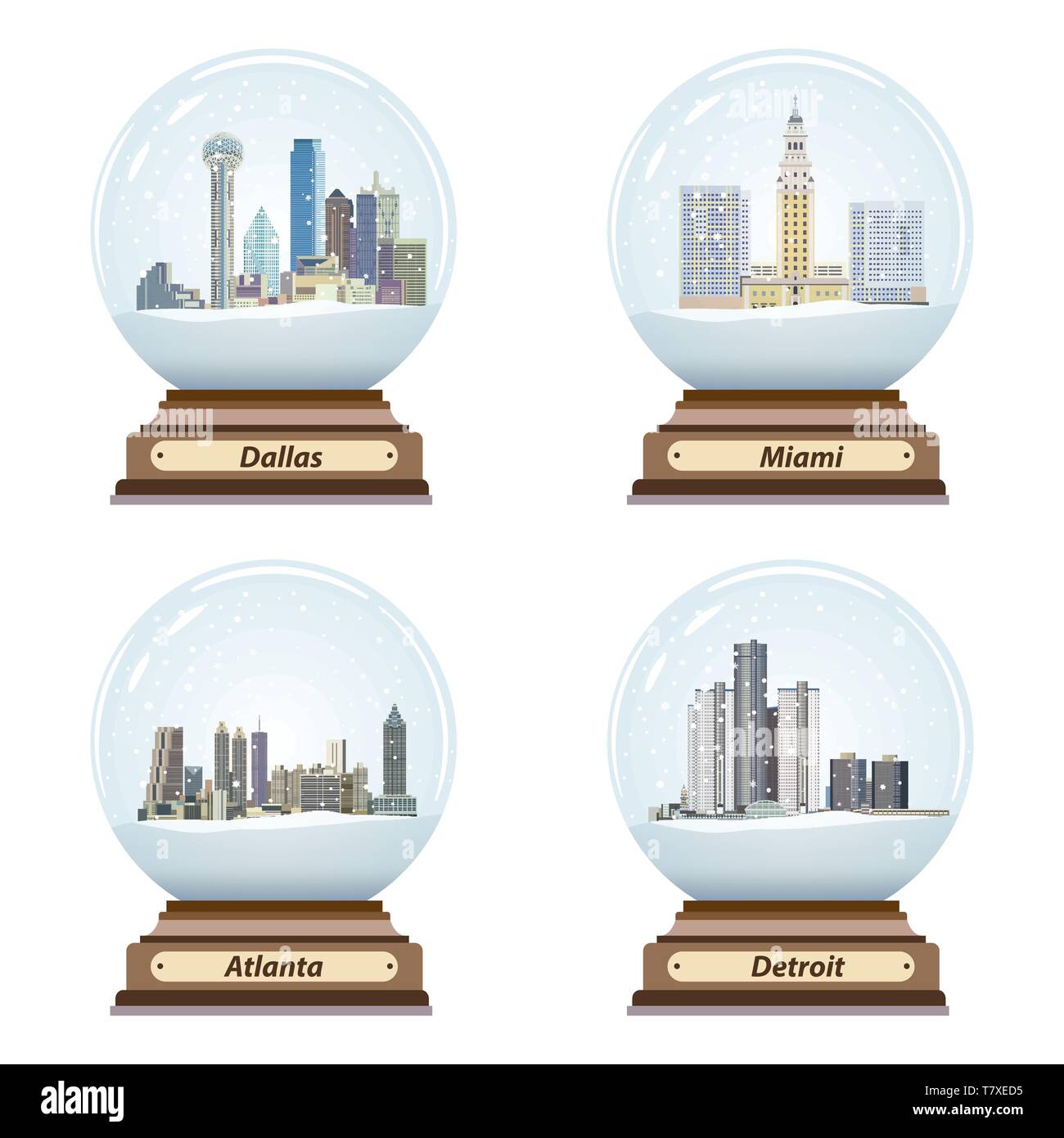 Vector set de boules à neige avec les États-Unis d'horizon de la ville à l'intérieur Illustration de Vecteur