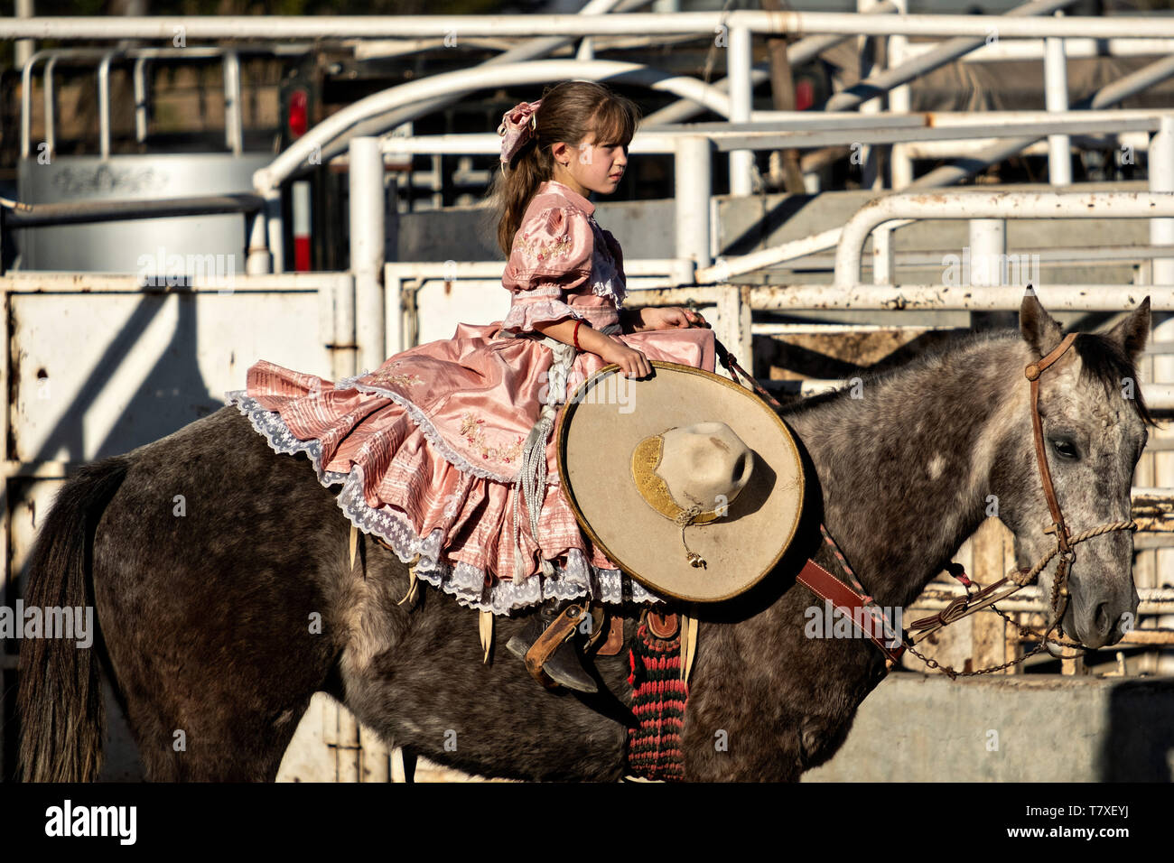 Avec le légendaire Analia Franco Franco famille de Charro champions, monte un cheval sidesaddle portant le costume traditionnel Mexicain Adelita lors d'une session dans la pratique du rodéo Jalisco Highlands ville de Capilla de Guadalupe, au Mexique. Les participantes à l'Escaramuza Charreada traditionnels sont appelés et effectuer la precision des manifestations équestres amazone et vêtue en robe Adelita. Banque D'Images