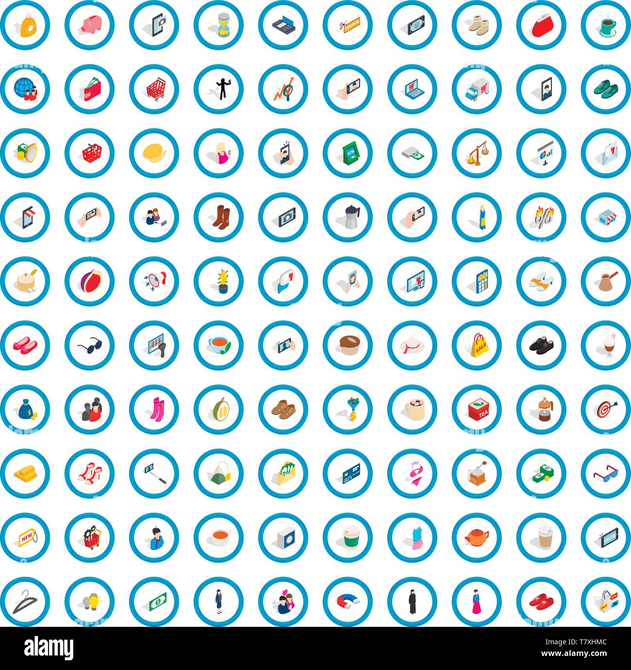 100 femme icons set, style 3D isométrique Illustration de Vecteur