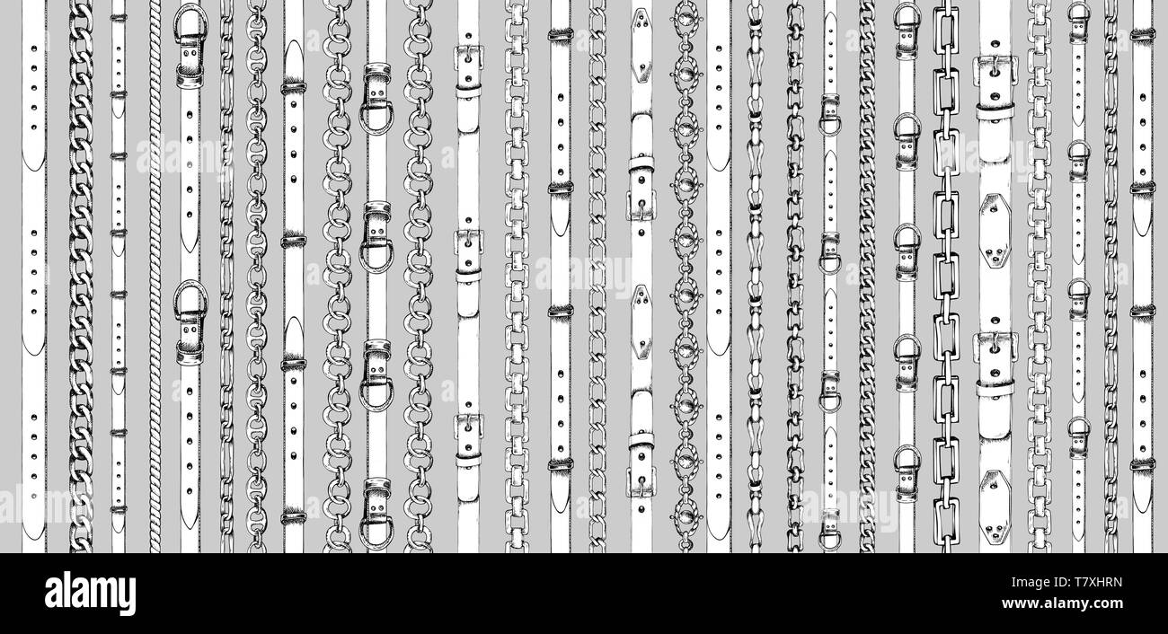 Modèle sans couture avec retro esquisse dessinée à la main ceintures, chaîne sur fond gris. Gravure dessin illustration grand design pour le tissu fashion Illustration de Vecteur