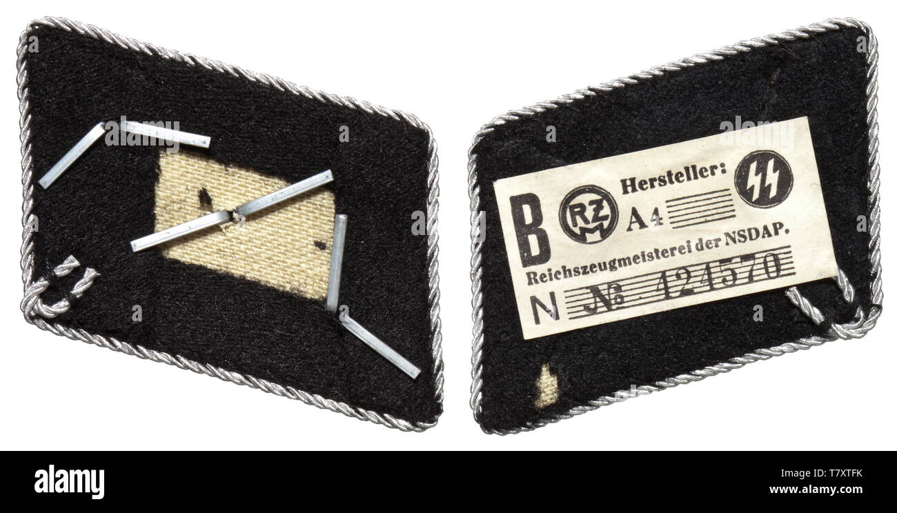 Une paire de collar patches pour un Untersturmführer de la 7e Division de la Waffen-SS Prinz Eugen ''. Odal rune brodés à la main sur tissu noir, l'arrière avec un papier, l'autre étiquette RZM patch collier avec des étoiles de grade, chaque bordée de corde d'argent continue historique., historiques, 20e siècle, années 1930, années 1940, Secret Service, service de sécurité, les services secrets, les services de sécurité, police, armée, forces armées, NS, le National-socialisme, le Nazisme, Troisième Reich, l'Empire allemand, l'Allemagne, l'ustensile, pièce de l'équipement, les ustensiles, objet, objets, alambics, clipping, coupures, cut out, , Editorial-Use-seulement Banque D'Images