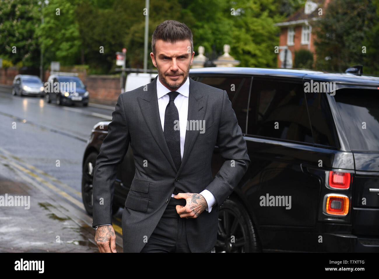 La star du football David Beckham arrivant à Bromley Magistrates Court dans le sud-est de Londres pour une audience après qu'il a été repéré à l'aide de son téléphone portable en conduisant sa Bentley dans le West End de Londres. Banque D'Images