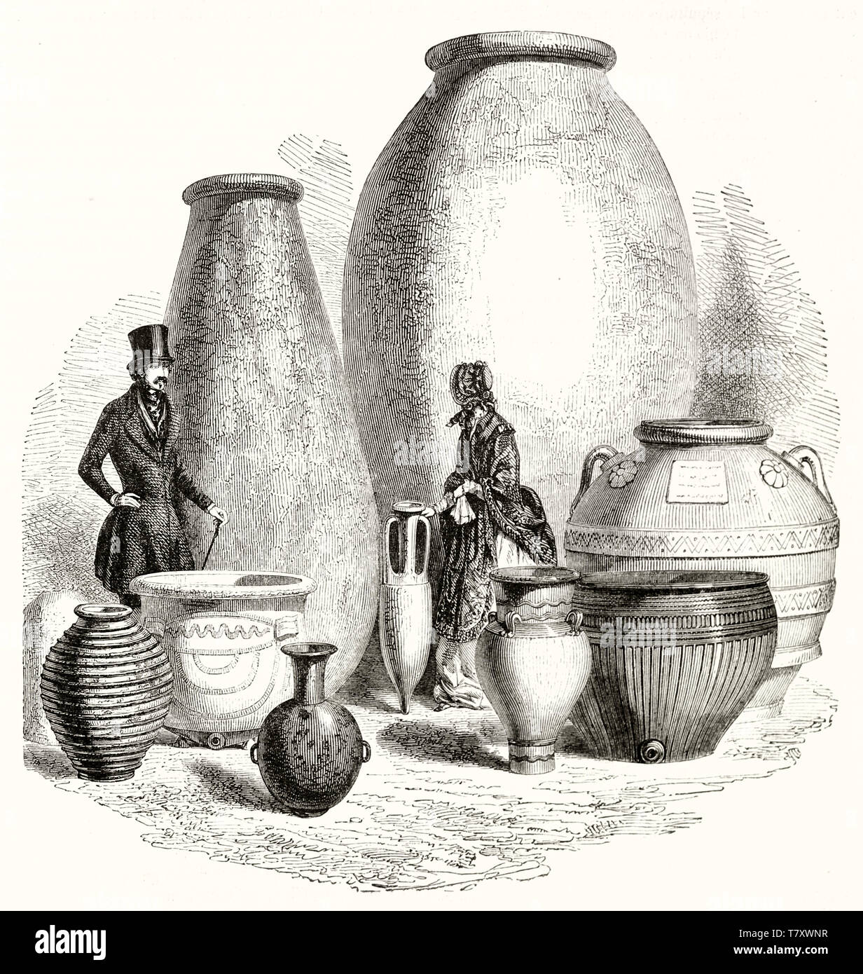 Deux anciennes personnes élégant à regarder un groupe de taille différente d'amphores conservé à Sèvres fabrication France. L'un d'eux est vraiment géant. Par Freeman publ. sur Magasin pittoresque Paris 1848 Banque D'Images