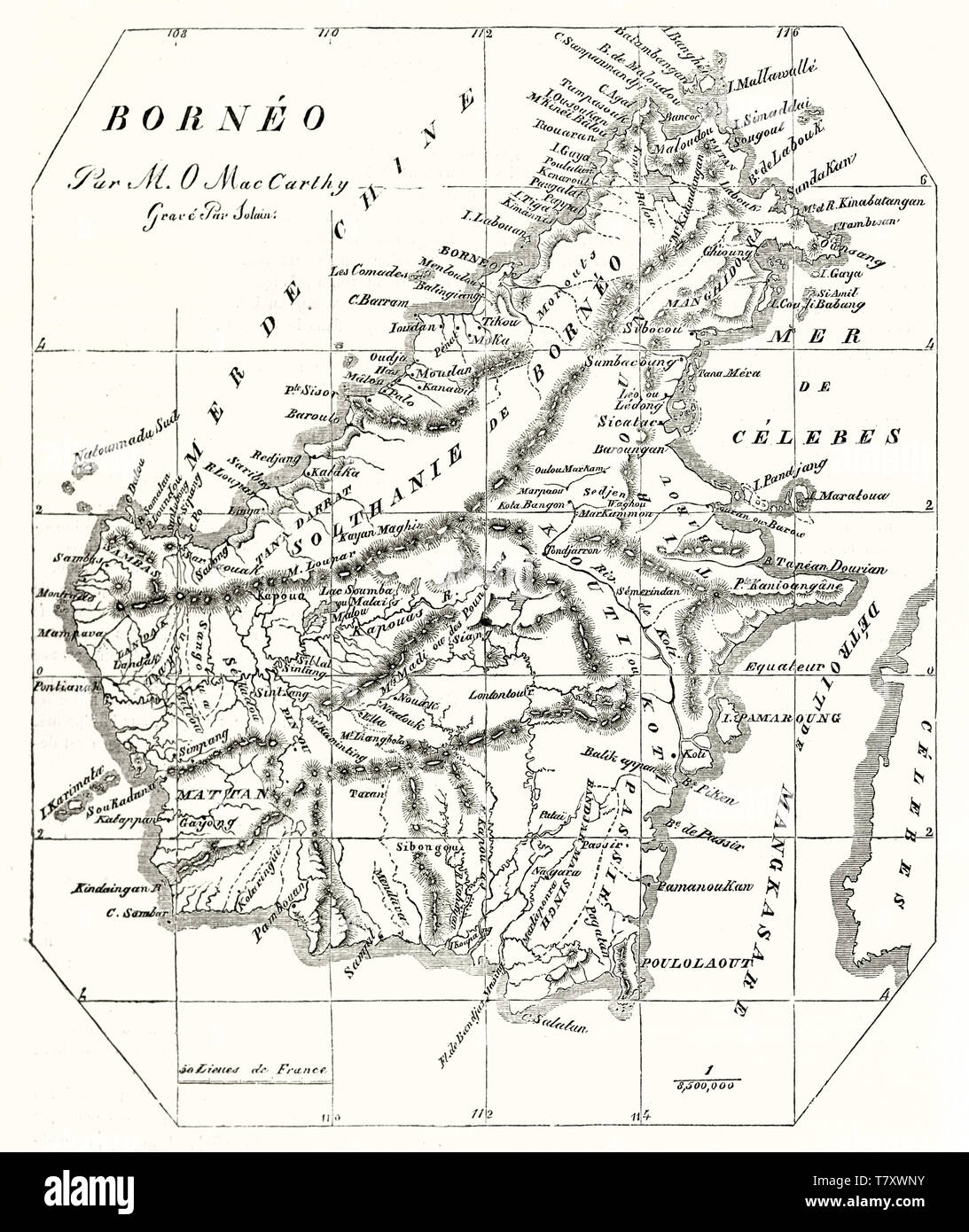 Carte ancienne de l'île de Bornéo sur un vieux papier jauni légèrement. Auteur non identifié par l'éditeur sur le Magasin pittoresque Paris 1848 Banque D'Images