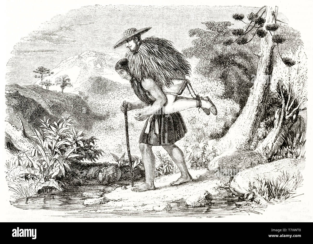 Voir le profil complet du corps d'un homme autochtone realiser un sur son dos à travers la nature en Pasto province République de Nouvelle Grenade. Par De Lattre publ. sur Magasin pittoresque Paris 1848 Banque D'Images