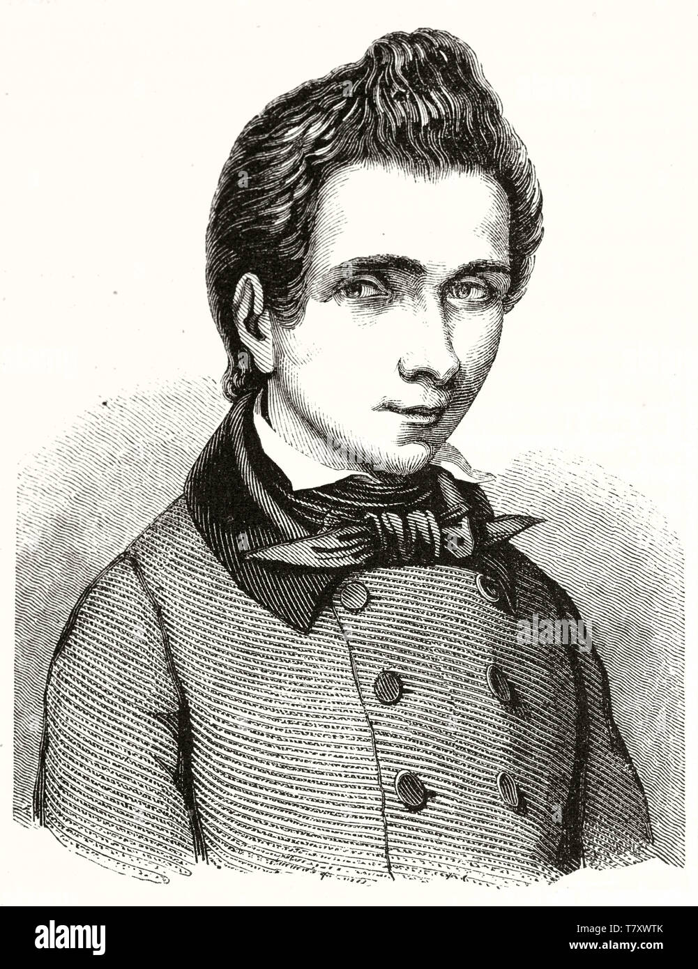 Gris antique gravé portrait d'un mec avec la coiffure étrange. Evariste Galois (1811 - 1832), mathématicien français. Auteur non identifié par l'éditeur sur le Magasin pittoresque Paris 1848 Banque D'Images