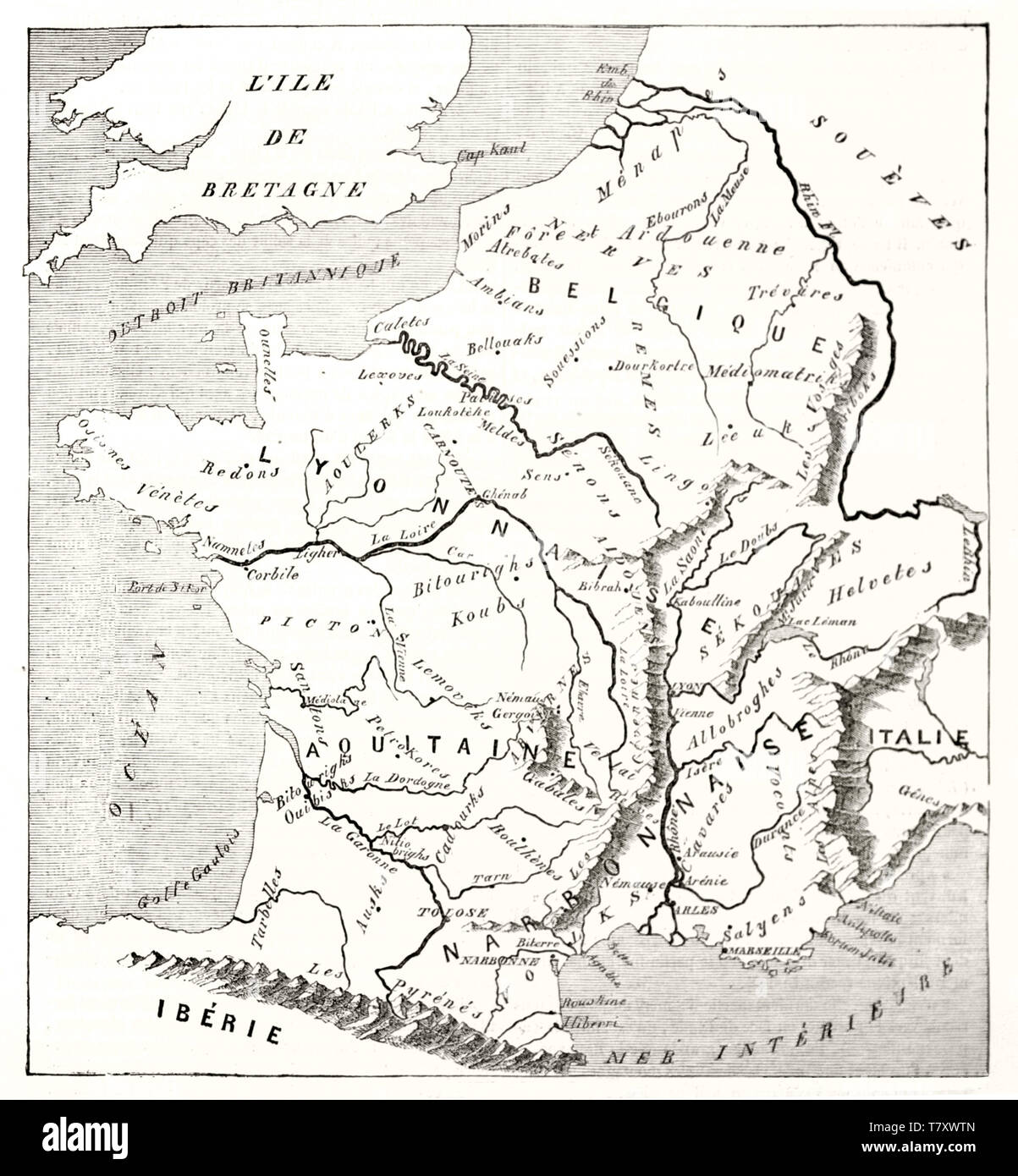 La Gaule, la France d'aujourd'hui, vieille carte, comme Strabon pourrait avoir conçu. En blanc et blanc illustration par MacCarthy publ. sur Magasin pittoresque Paris 1848 Banque D'Images