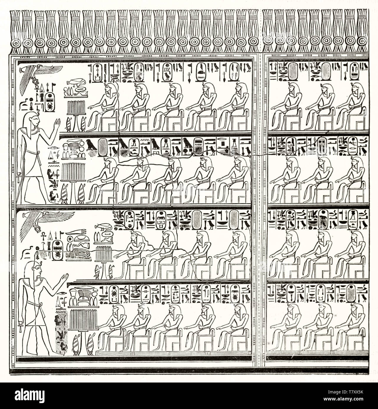 Noir et blanc antique hiéroglyphe représentant le profil Voir les pharaons égyptiens classique. La reproduction de l'ancien roi gravé de Karnak. Par Prisse publ. sur Magasin pittoresque Paris 1848 Banque D'Images