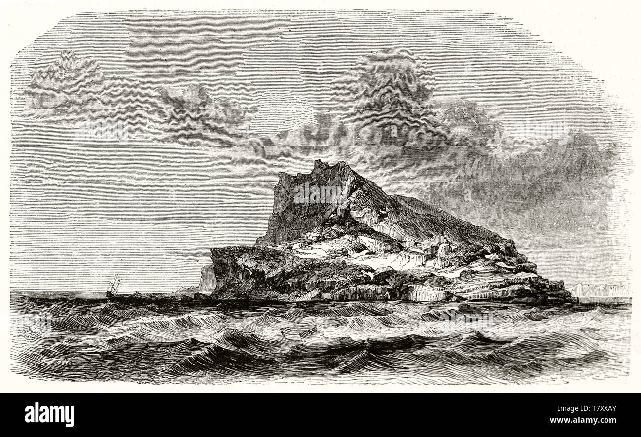 Seule petite île rocheuse isolée seul sur la mer sous un ciel gris nuageux. ld voir l'île de Nolsoy (îles Féroé). Par Girardet publ. sur Magasin pittoresque Paris 1848 Banque D'Images