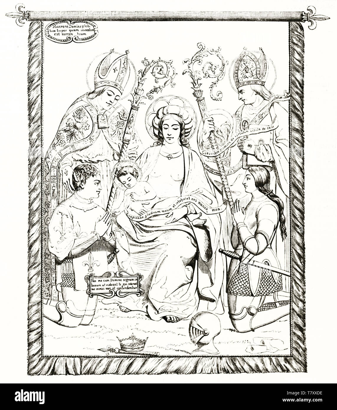 Anciens rois priant sur leur genou à la sainte mère tenant son enfant entre deux papes. Reproduction de Jeanne d'Arc vieux drapeau de procession. Par auteur non identifié, le Magasin pittoresque Paris 1848 Banque D'Images