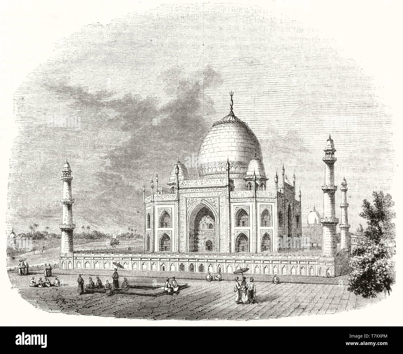 Ancienne vue générale de Taj Mahal Agra Inde, affichées dans une gravure illustration style vintage. L'une des sept merveilles du monde. L'art ancien par Freeman publ. sur Magasin pittoresque Paris 1848 Banque D'Images