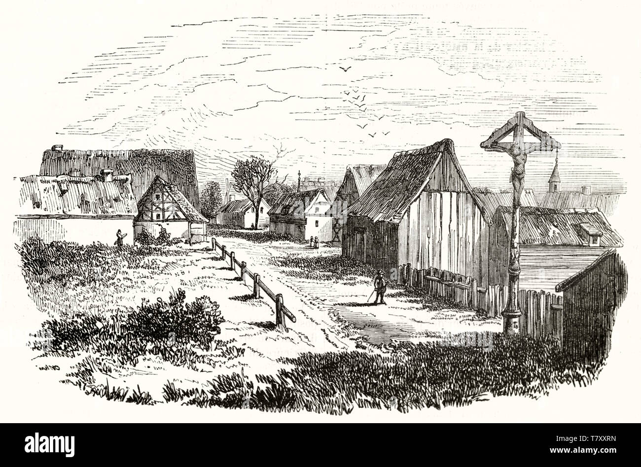 Ancien château médiéval triste petit pays ville. Vue d'ensemble de Unter Lohma République Tchèque. Vintage style gravure illustration cy auteur non identifié publ. sur Magasin pittoresque Paris 1848 Banque D'Images