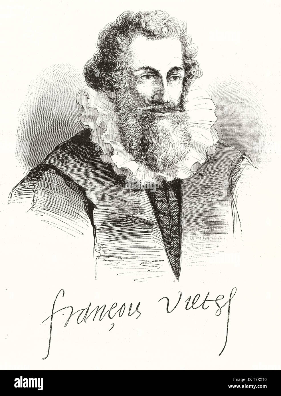 Ancien portrait et signature de François Viète (1540 - 1603), mathématicien français. Par auteur non identifié, publ. sur Magasin Pittoresque, Paris, 1848 Banque D'Images