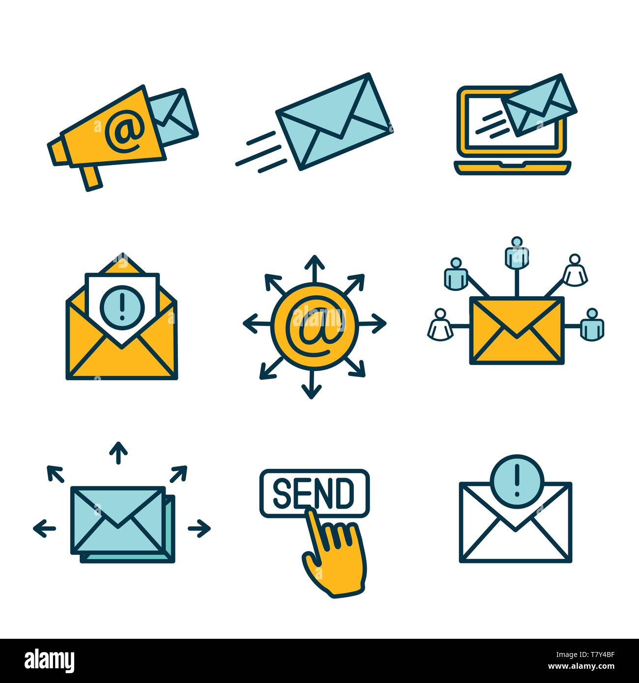 Des campagnes marketing par e-mail icon set avec la liste d'email, annonce, & bouton Envoyer Illustration de Vecteur