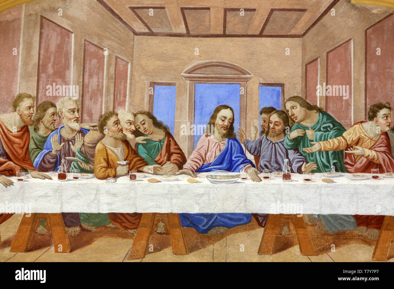 Détails. La cène. Dernier repas de Jésus avec les apôtres. Eglise SaintNicolas de Véroce. Saint Détails. La cène. Dernier repas de Jésus avec les apôtres. Eglise SaintNicolas de Véroce. Saint