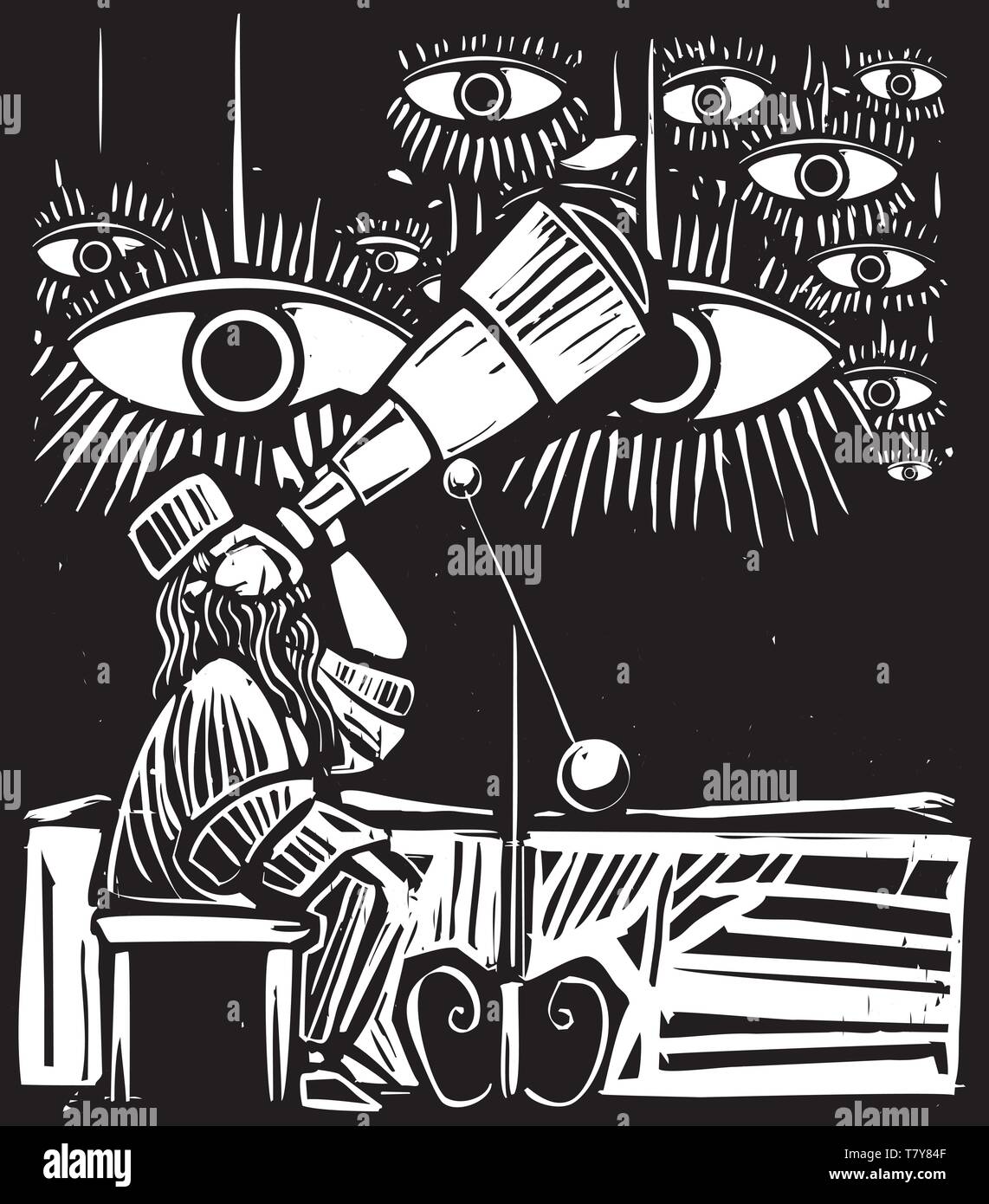 Image style gravure sur bois d'un astrologue regardant yeux dans le ciel Illustration de Vecteur