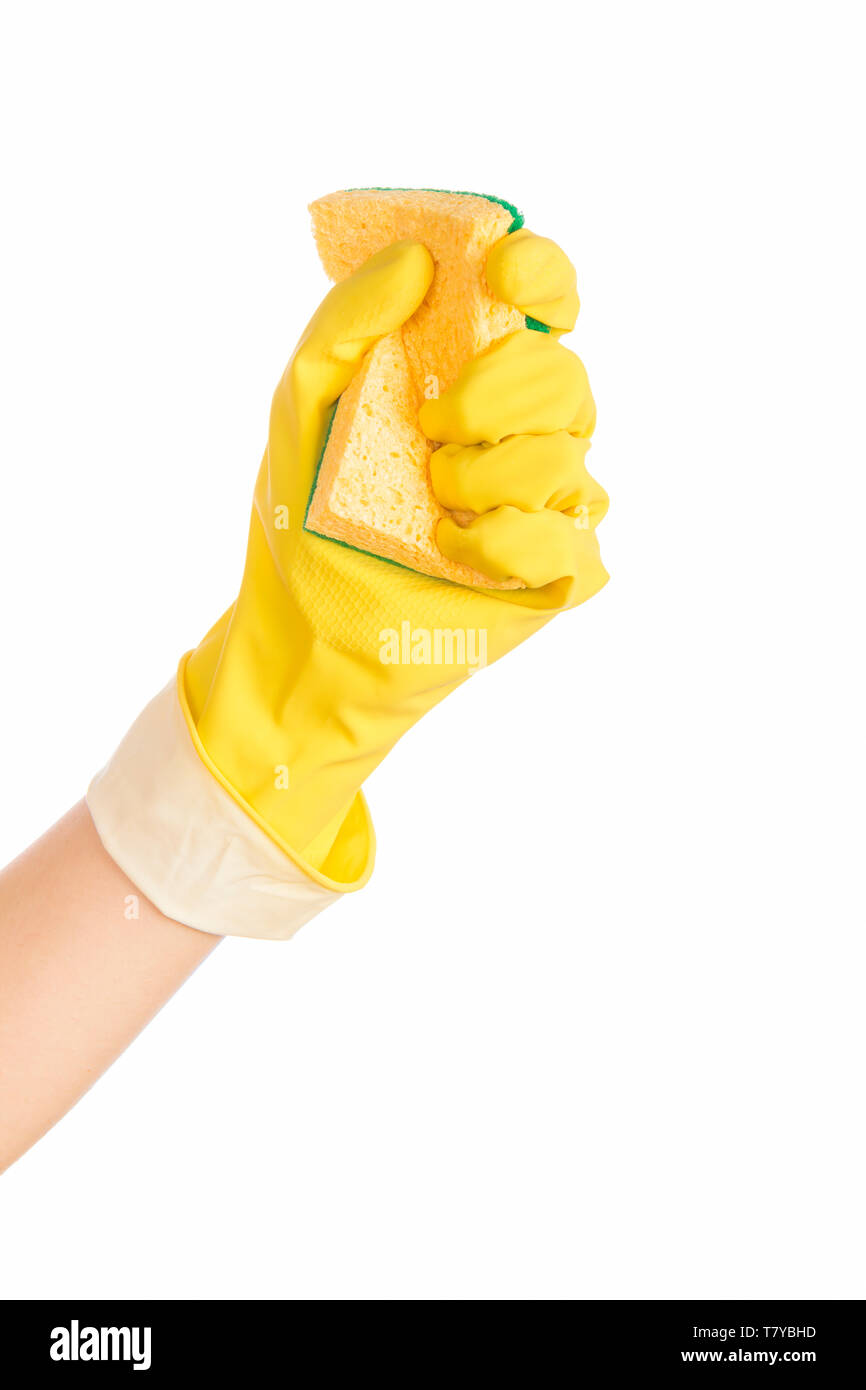 Femme avec la main et gant en caoutchouc éponge de nettoyage sur fond blanc Banque D'Images