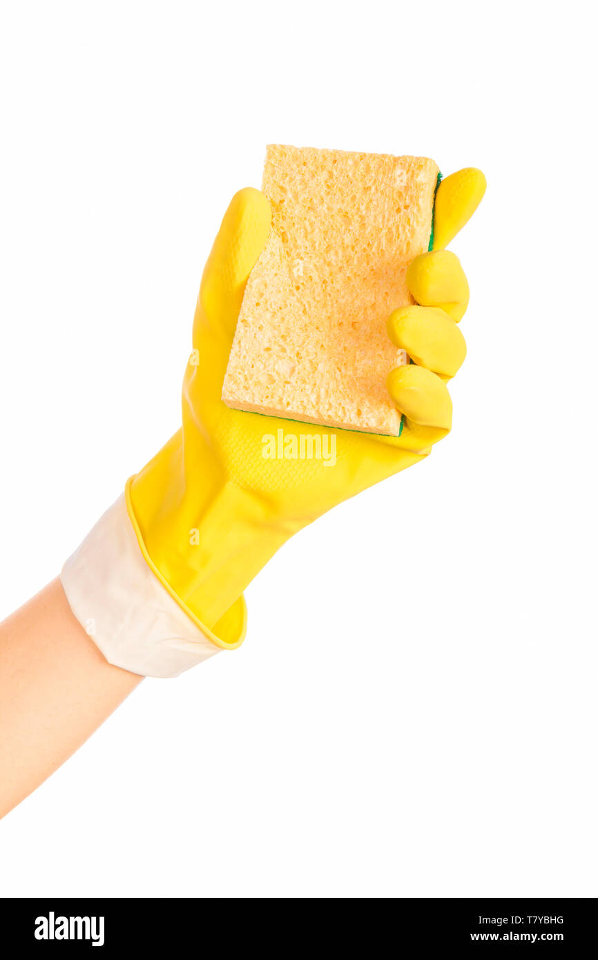 Femme avec la main et gant en caoutchouc éponge de nettoyage sur fond blanc Banque D'Images