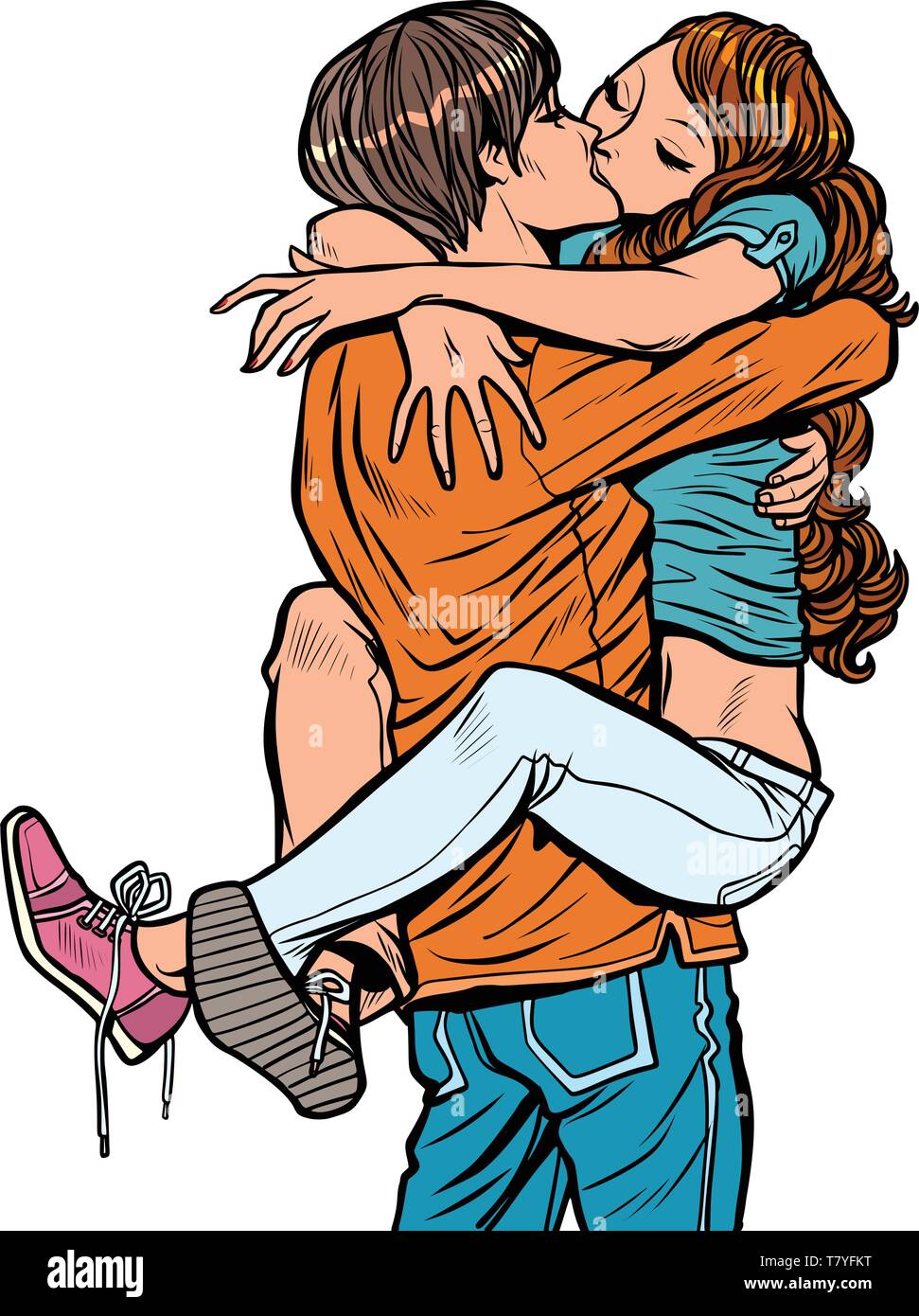 Couple in love hugs baiser passionné. man holding femme dans ses bras. Comic cartoon retro pop art dessin illustration vectorielle Illustration de Vecteur