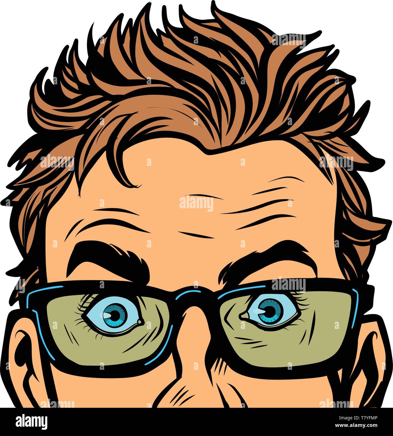 Look élégant homme lunettes de jeune homme. Drôle sérieux isoler sur fond blanc. Cartoon vector art Bande dessinée pop rétro vintage dimensions Illustration de Vecteur