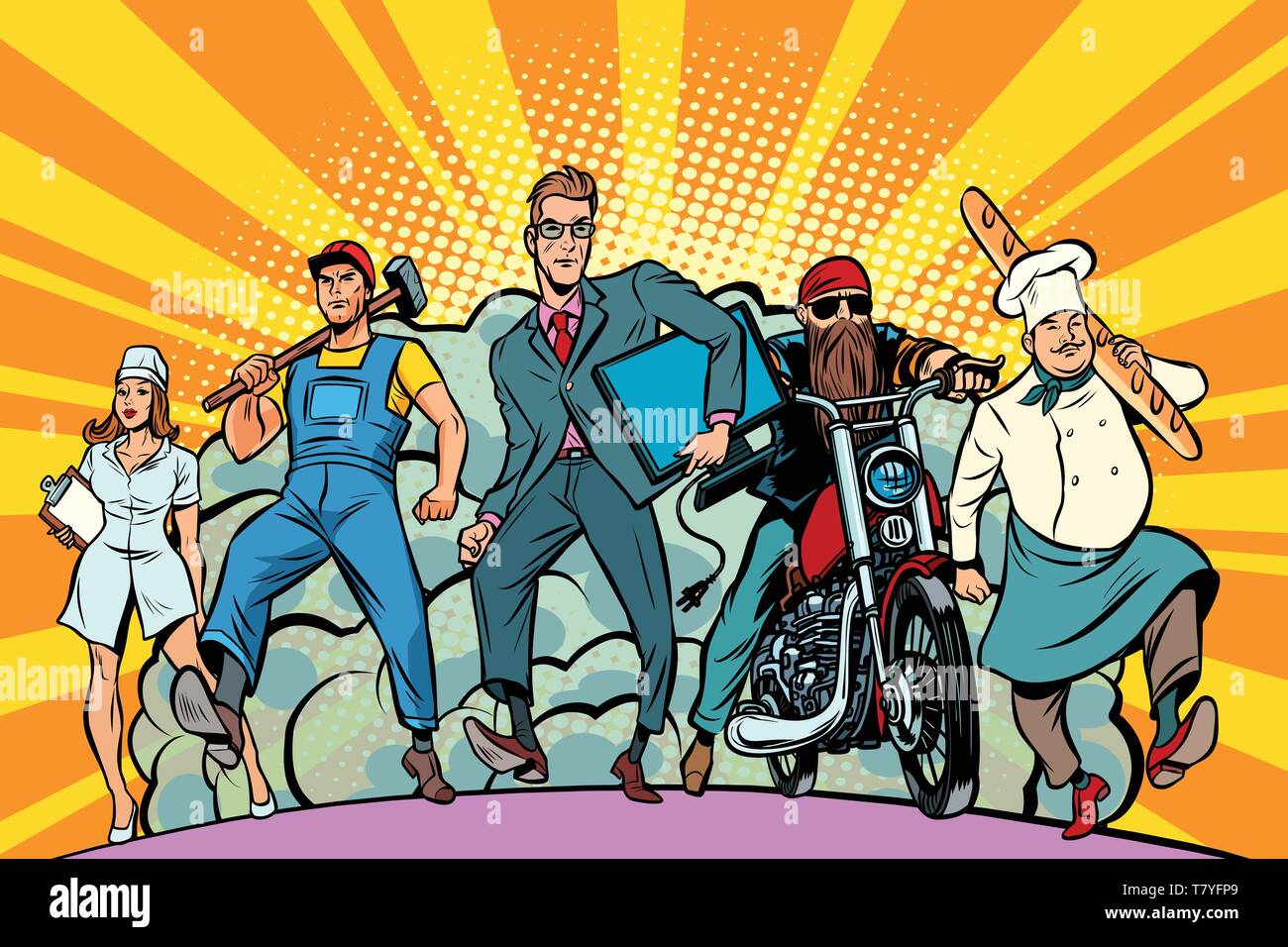 Baker Programmeur Travailleur infirmière motards. Cartoon vector art Bande dessinée pop rétro vintage dimensions Illustration de Vecteur