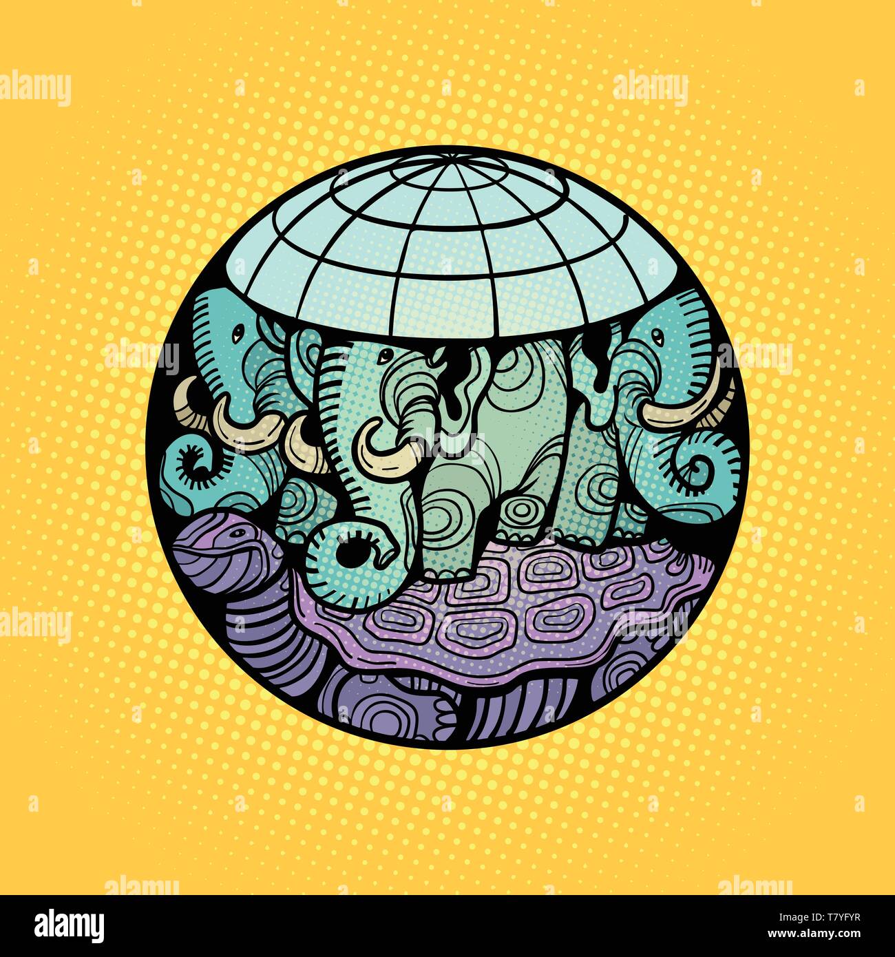 La planète terre disque repose sur un éléphant, et une tortue. Dessin animé Bande dessinée pop art retro vector illustration dessin à la main Illustration de Vecteur