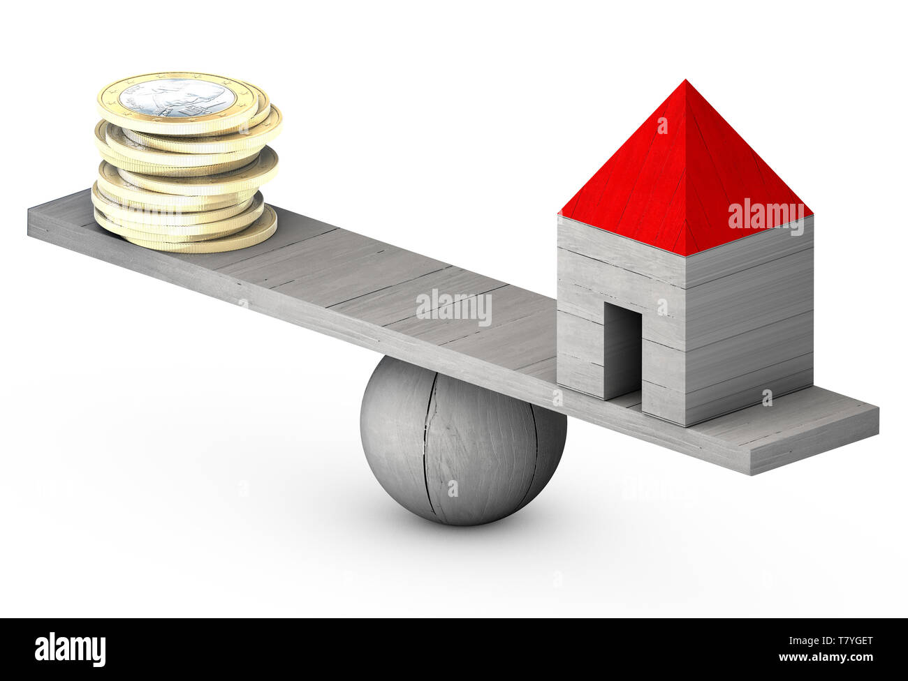 Maison en bois et d'argent des pièces de monnaie pile sur l'échelle en bois. Investissement immobilier et financier hypothécaire maison concept immobilier. Le rendu 3D Banque D'Images