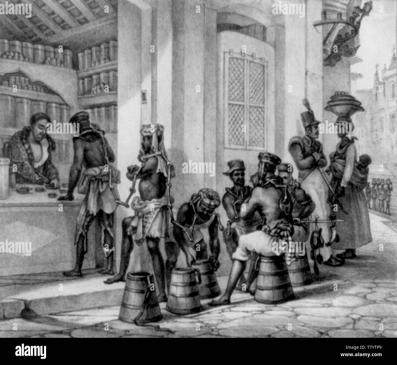 Au Brésil, les esclaves enchaînée, années 1830 Banque D'Images