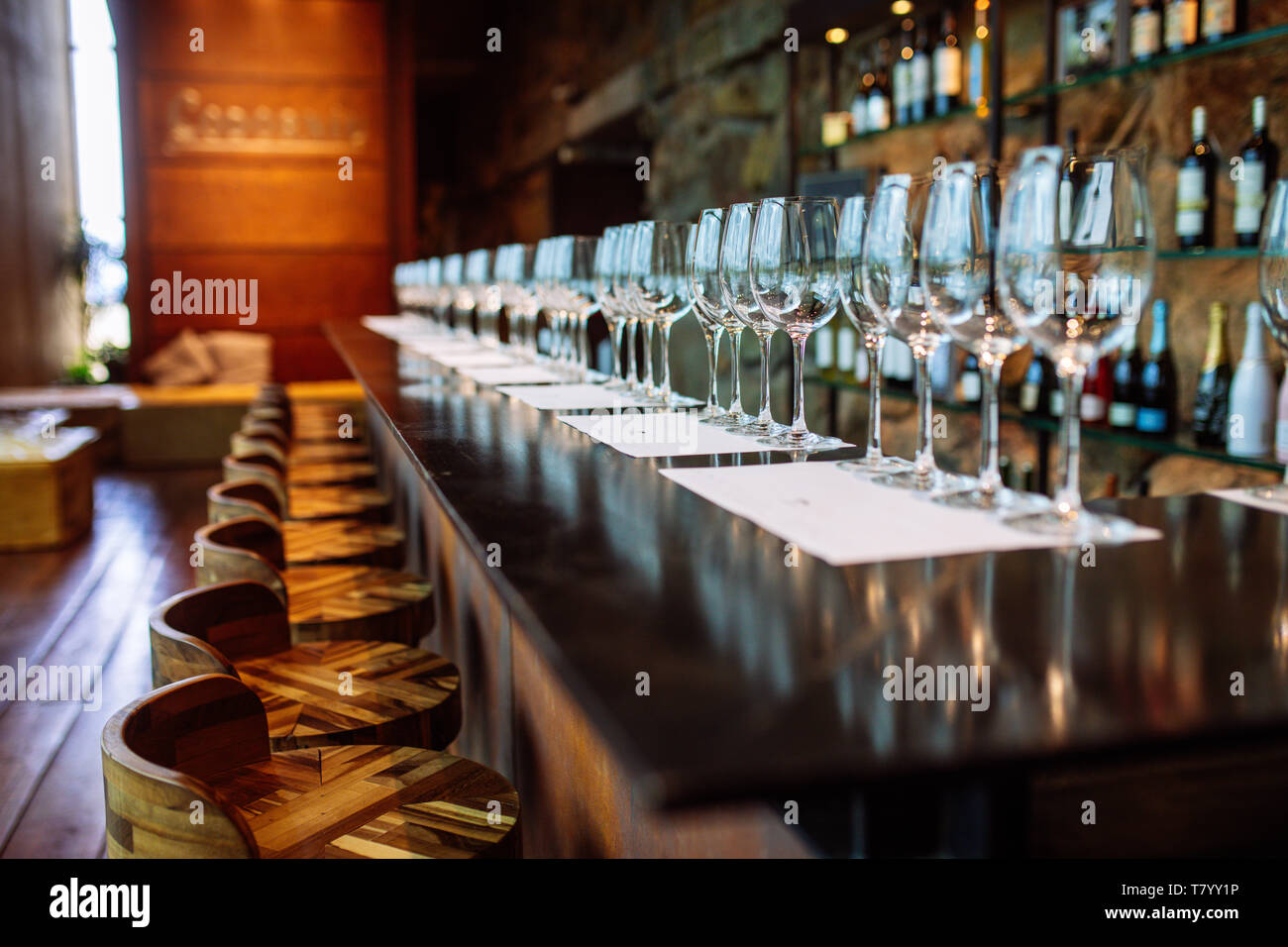 Dégustation de vin dans le bar Bodega Septima, Agrelo, Lujan de Cuyo, Mendoza, Argentine Banque D'Images