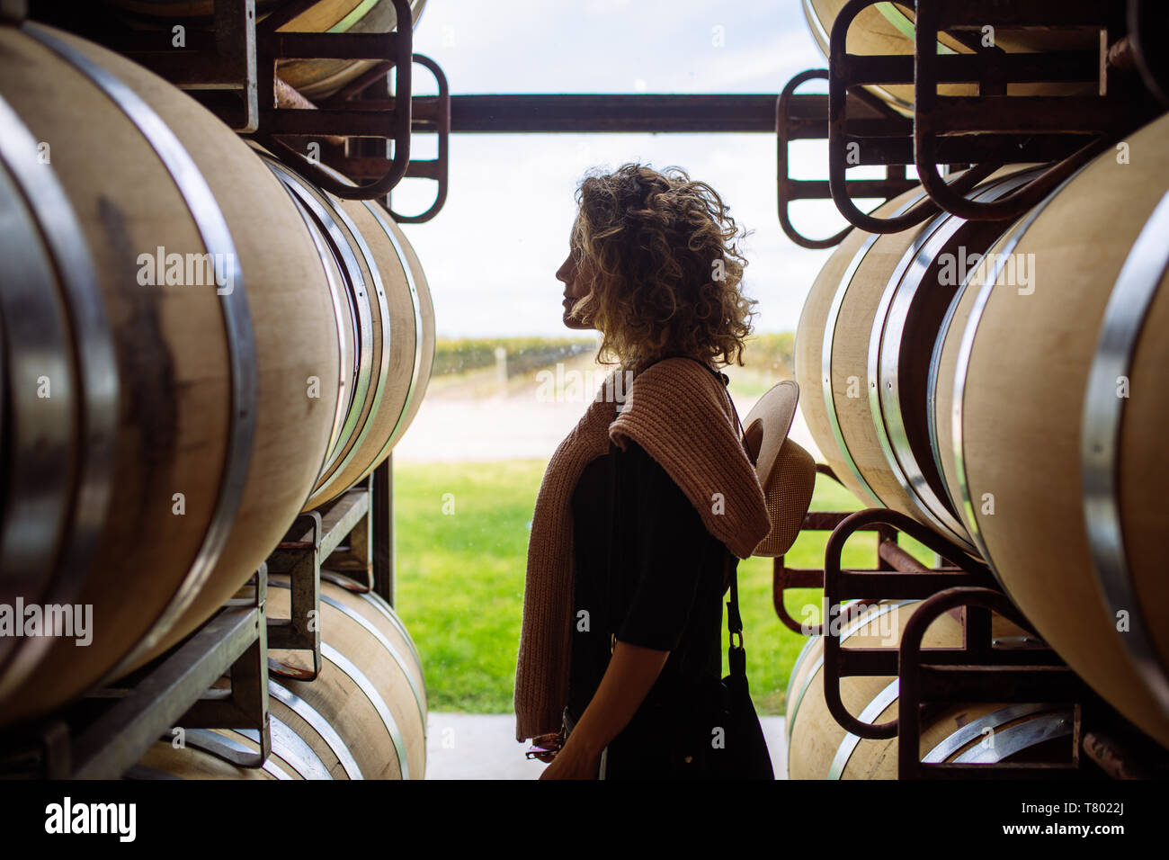 Caucasian woman profil en regardant l'éclairage entre oak barrel dans Bodega Septima, Agrelo, Lujan de Cuyo, Mendoza, Argentine Banque D'Images