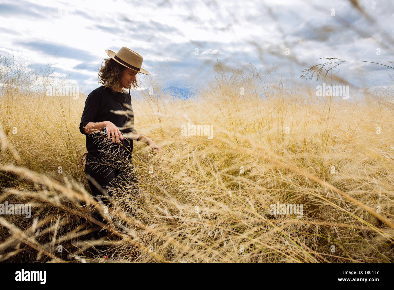 Femme dans la mi-trentaine, la marche dans la longue herbe jaune avec un chapeau dans un champ en Bodega Septima Winery à Mendoza, Argentine Banque D'Images