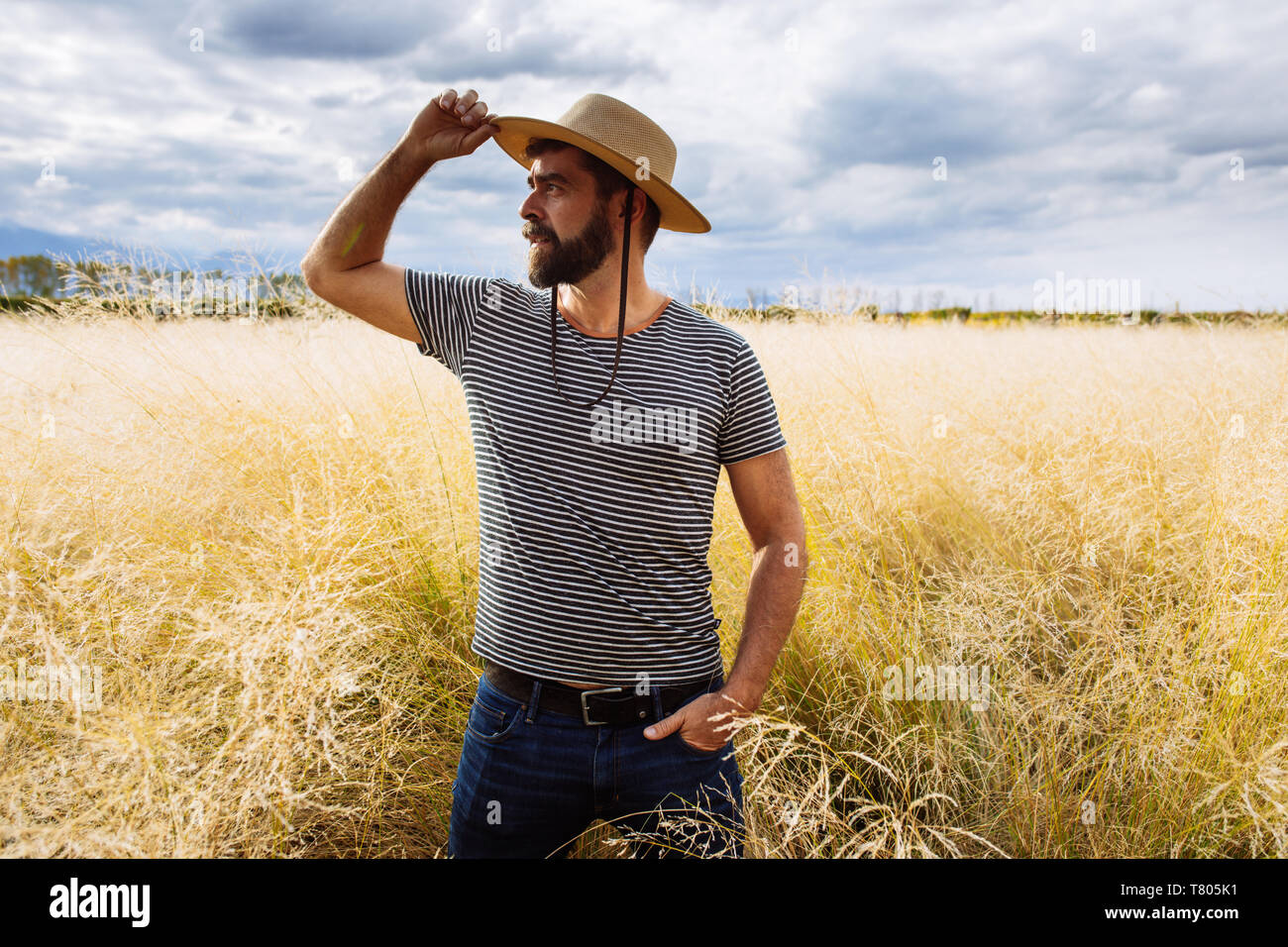 L'homme dans sa fin des années trente la mi-mi quarantaine, posant avec un chapeau dans un champ d'herbe jaune dans Bodega Septima Winery à Mendoza, Argentine Banque D'Images