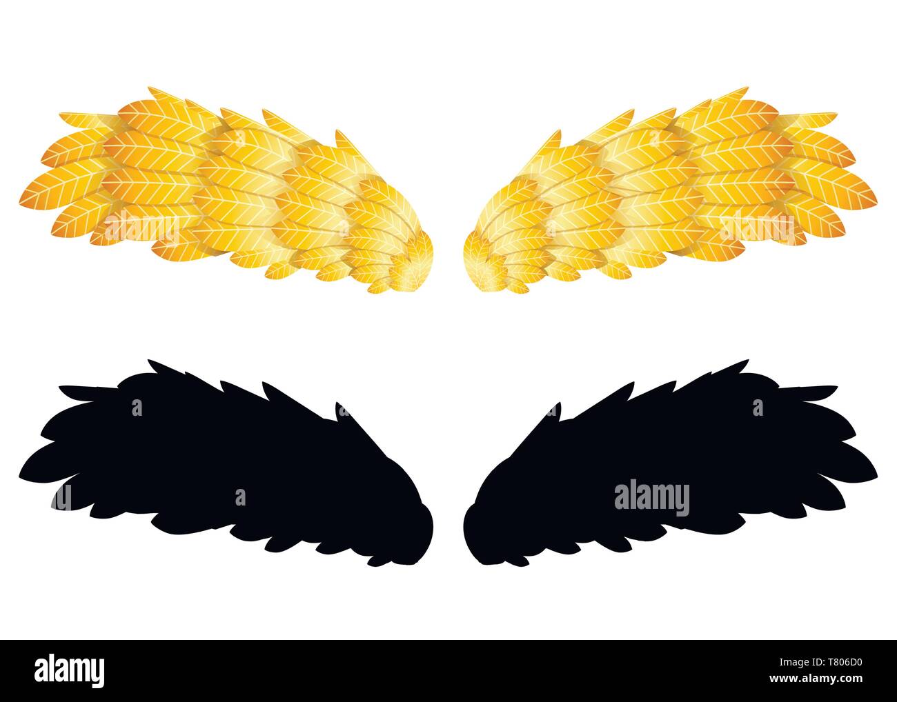 Ailes de plumes d'or. Deux ailes, silhouette noire. Télévision illustration isolé sur fond blanc. Icône logo abstrait. Illustration de Vecteur